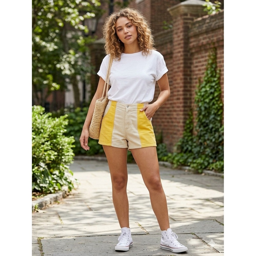 Urban Outfitters Colorblock Corduroy Shorts Cream Yellow High Waist Size 28